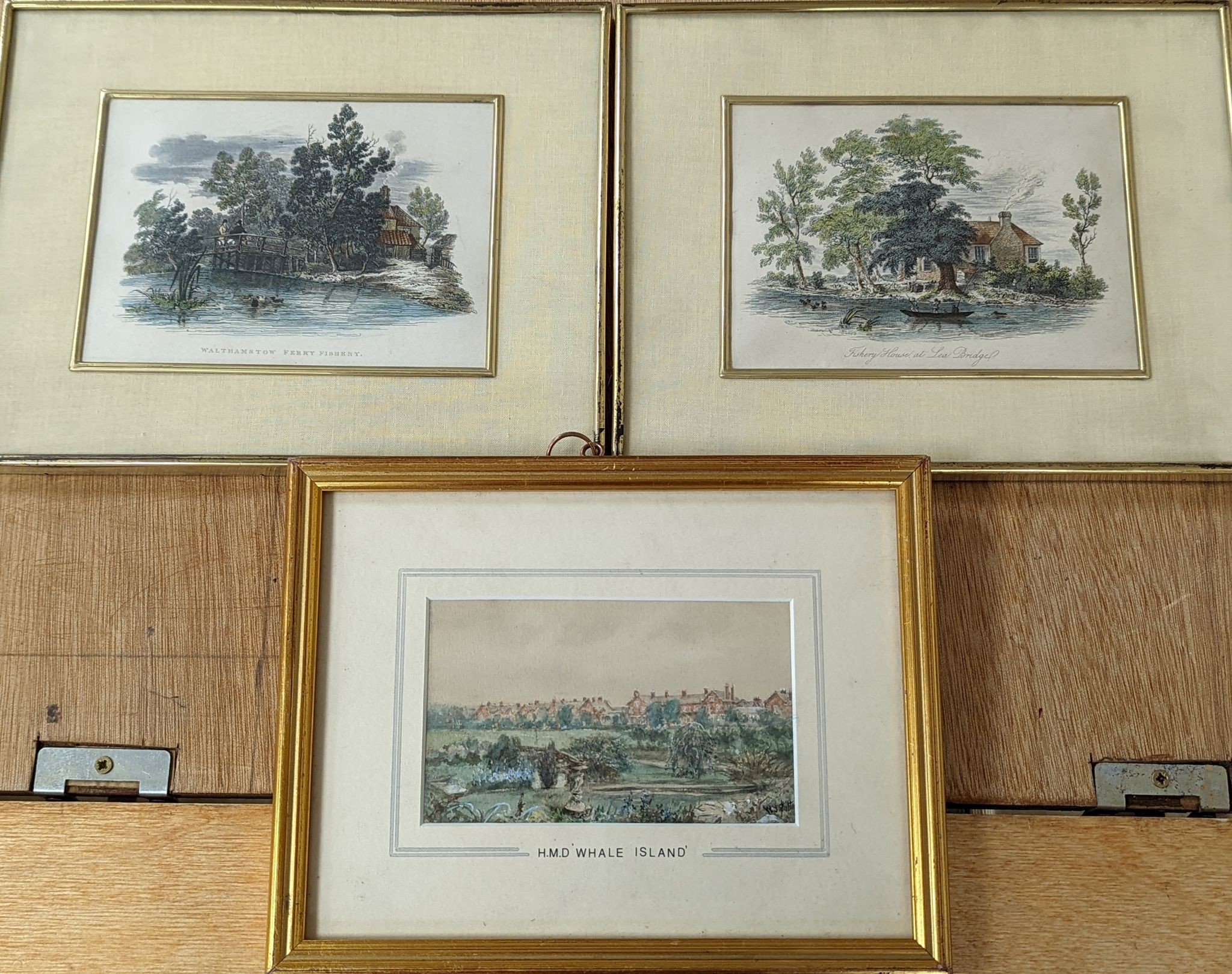 W. Y. Sutton, watercolour, H.M.D. Whale Island, signed, 8 x 14cm, with a pair of sporting magazine coloured engravings